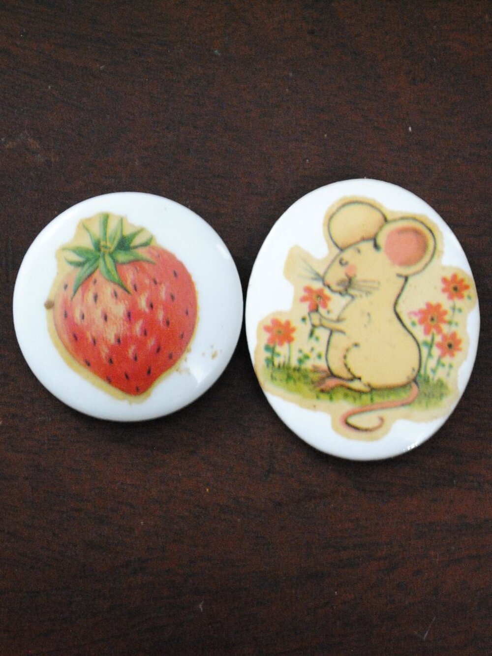 Set of 2 Vintage Porcelian Ceramic Strawberry & Mouse Magnets Japan